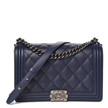 Chanel Calfskin Double Stitch New Medium Boy Flap Navy Blue 1 of 13