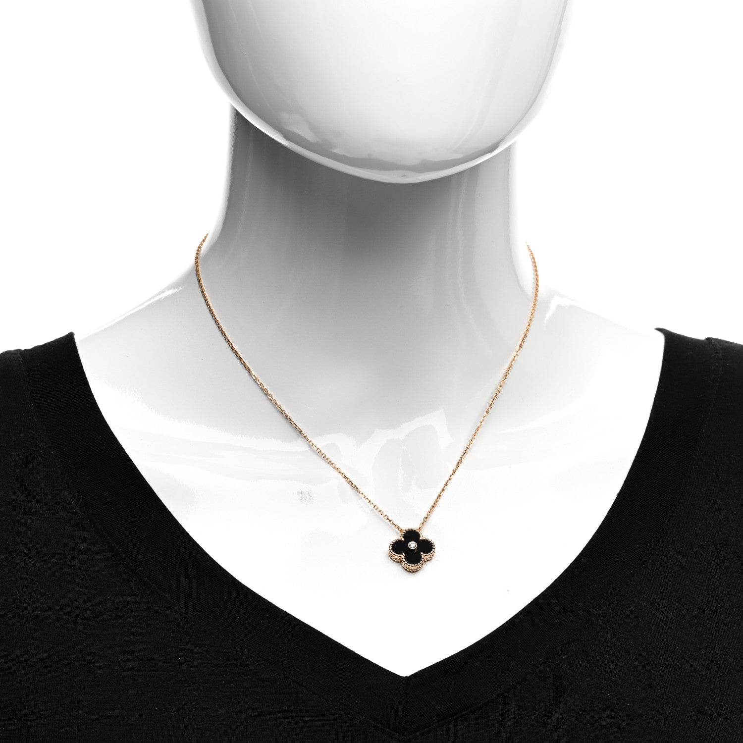 Van Cleef & Arpels 18K Rose Gold Diamond Black Onyx Vintage Alhambra Pendant Necklace 2 of 5