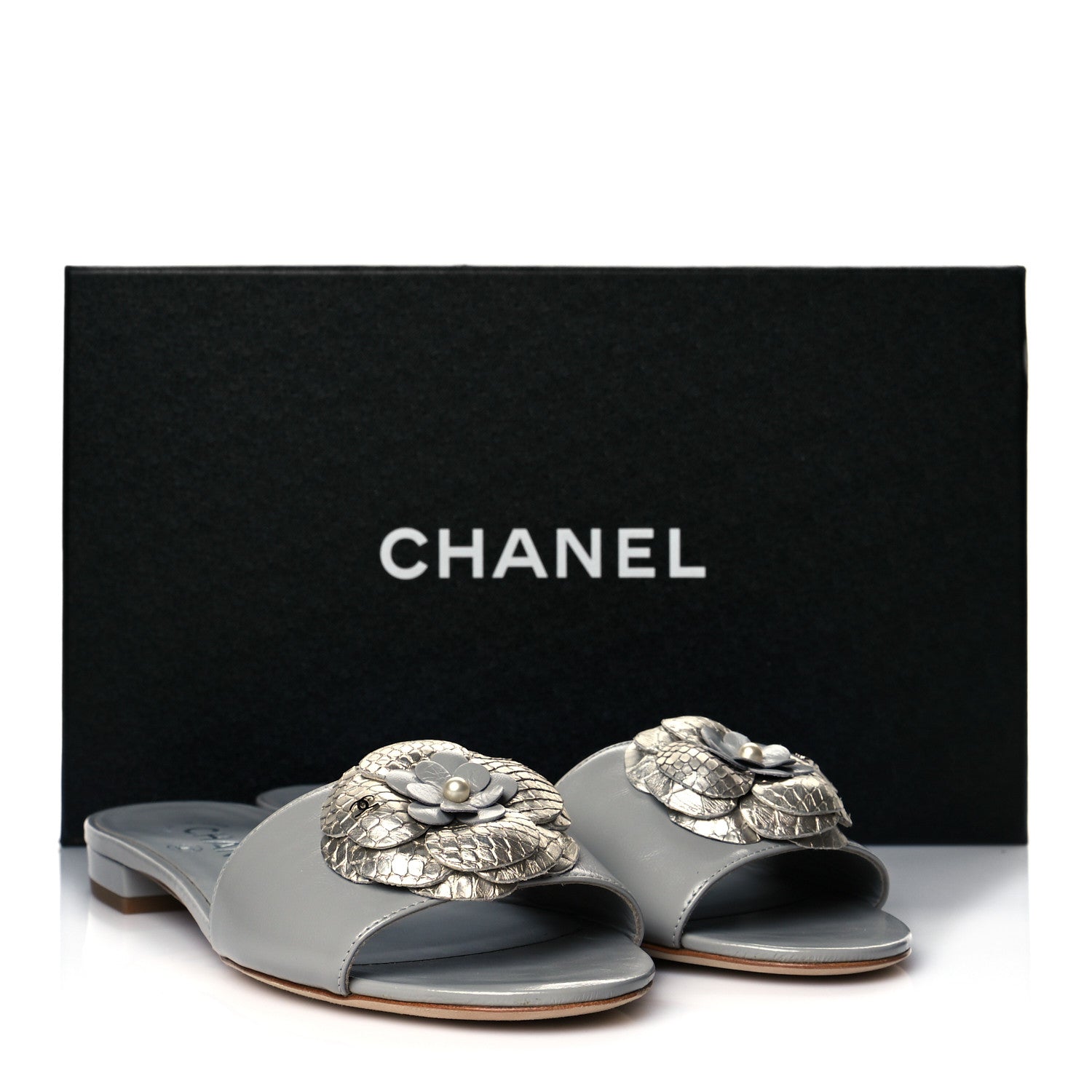 Chanel Metallic Lambskin Camellia Pearl Slides 37 Grey Silver 10 of 10