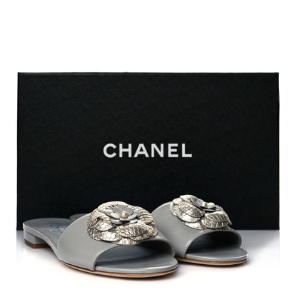Chanel Metallic Lambskin Camellia Pearl Slides 37 Grey Silver 10 of 10