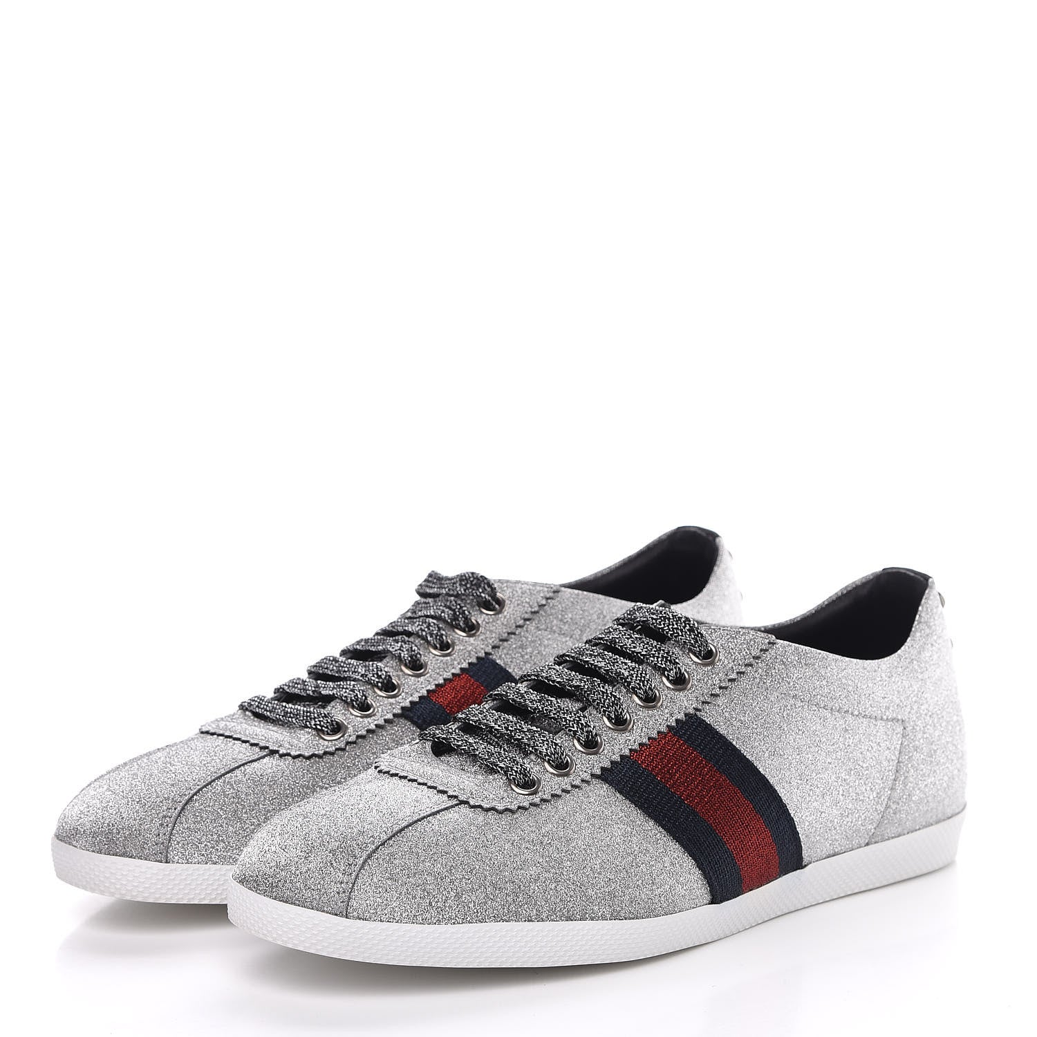 Gucci Glitter Fabric Studded Web Womens Sneakers 39.5 Silver 3 of 8