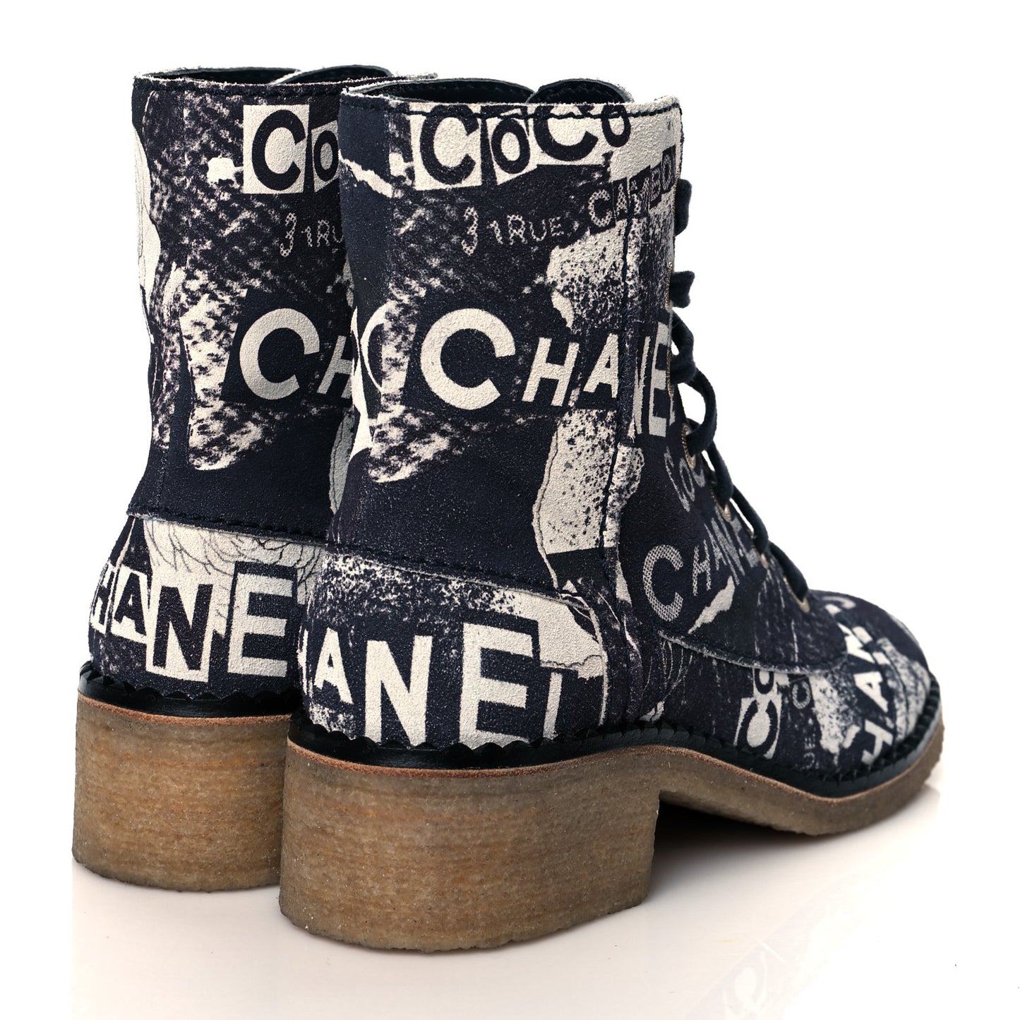 Printed CC Canvas 31 Rue Cambon Lace Up Combat Boots 37.5 Navy White