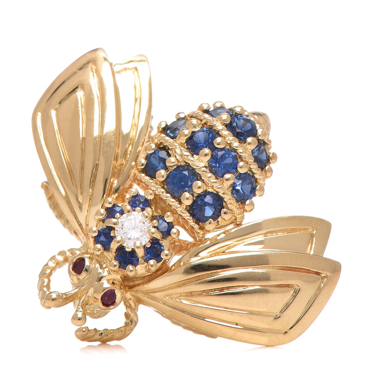 18K Yellow Gold Diamond Blue Sapphire Bee Pin Brooch