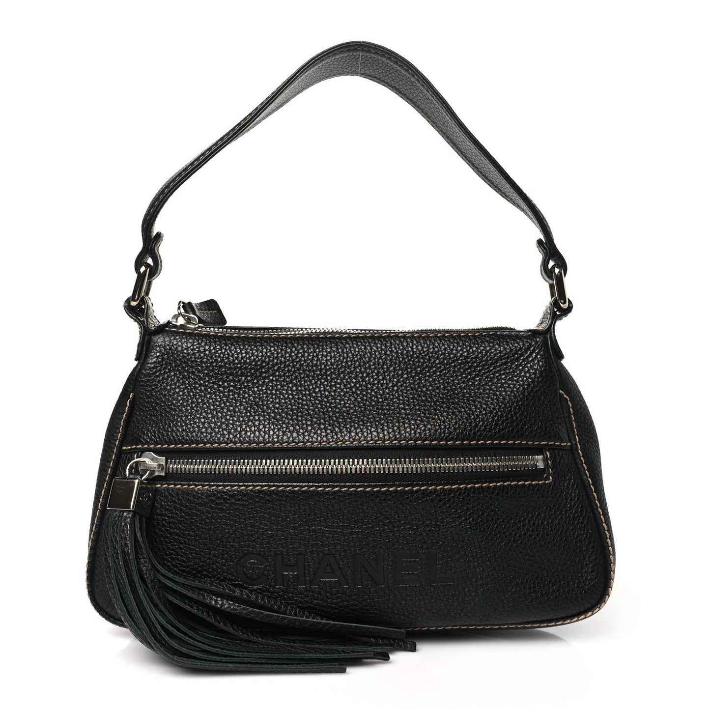 Grained Calfskin Tassel Shoulder Bag Black