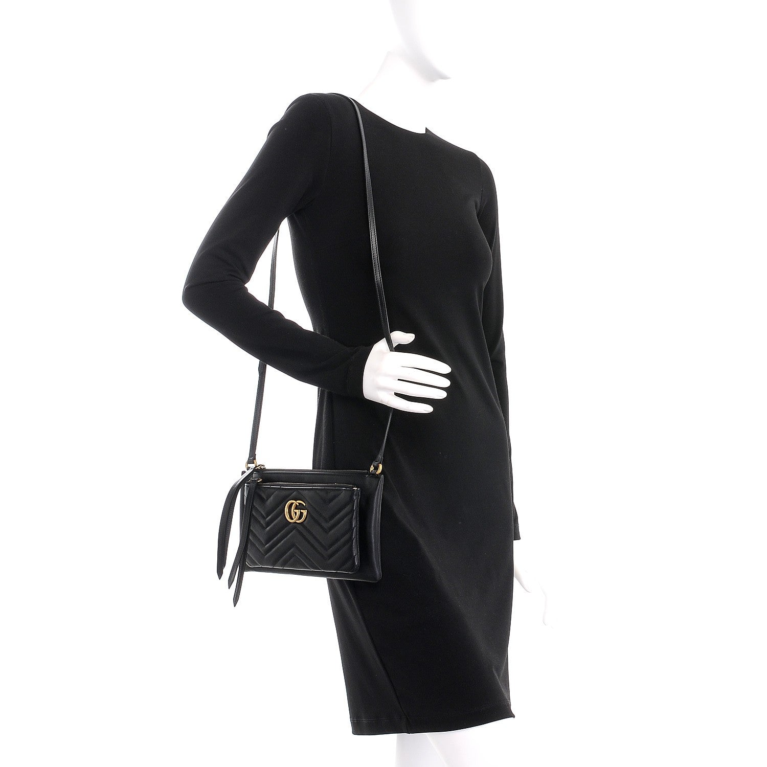 Gucci Calfskin Matelasse Small GG Marmont Double Zip Shoulder Bag Black 2 of 7