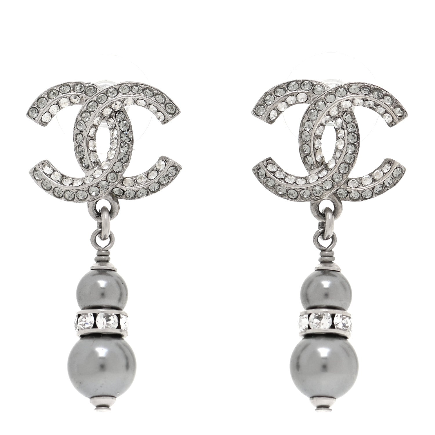 Chanel Crystal Pearl CC Drop Earrings Silver 1 of 5