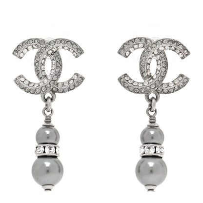 Chanel Crystal Pearl CC Drop Earrings Silver 1 of 5