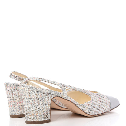 Chanel Tweed Cap Toe CC Slingback Pumps 38.5 Silver Grey 4 of 11