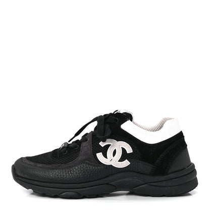 Chanel Mesh Suede Calfskin Grained Calfskin Womens CC Sneakers 38.5 White Black 1 of 9