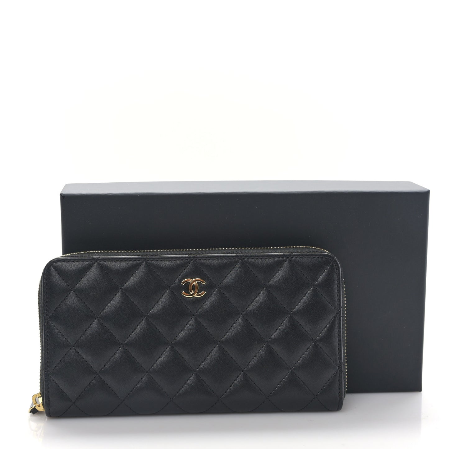 Lambskin Quilted Large Gusset Zip Around Wallet Black
