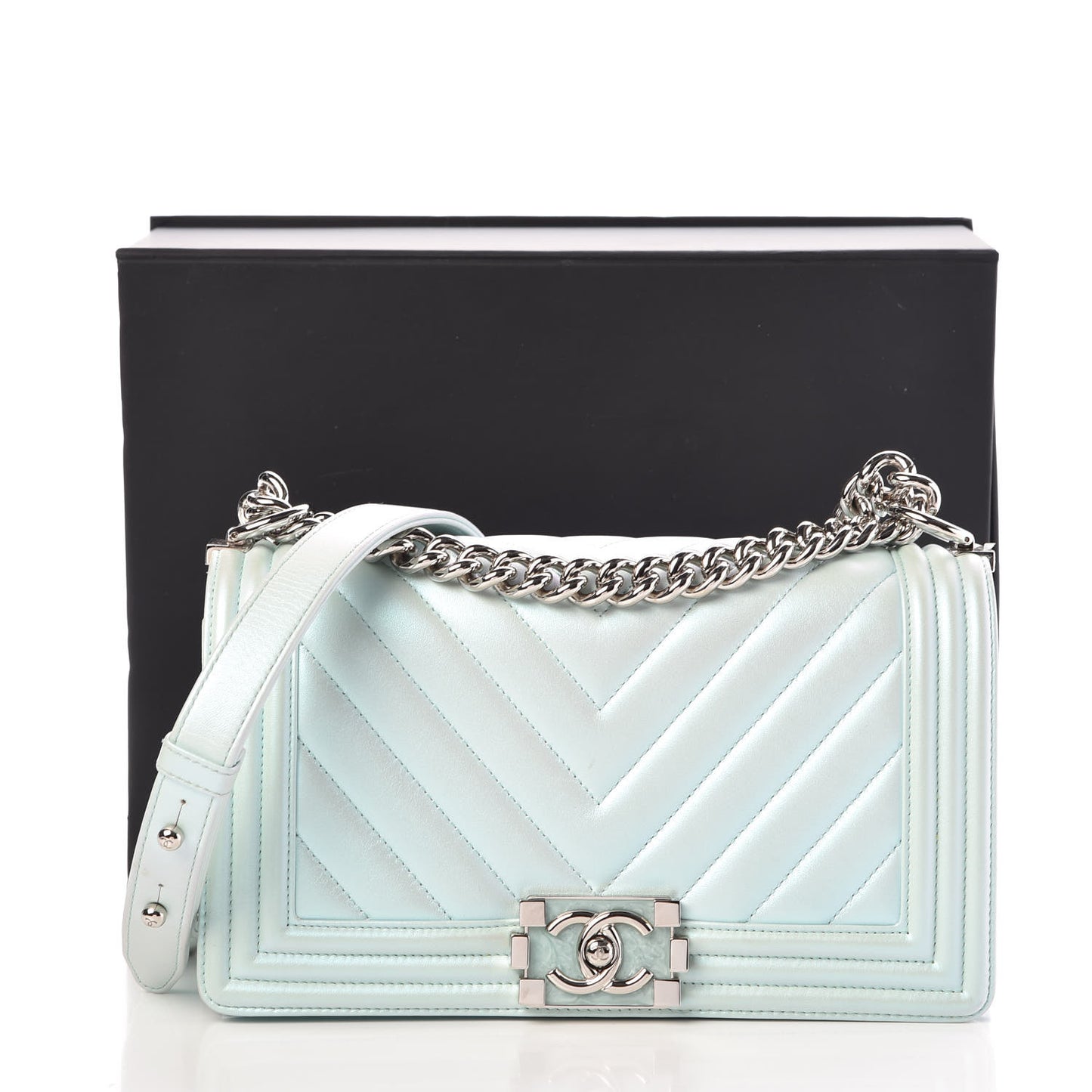 Iridescent Lambskin Chevron Quilted Medium Boy Flap Turquoise