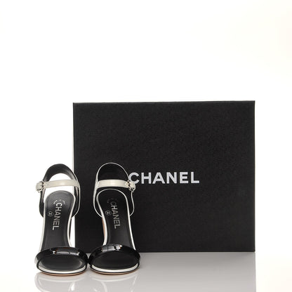 Chanel Perforated Crackled Patent Calfskin Sandals Heels 36 Black White 9 of 9