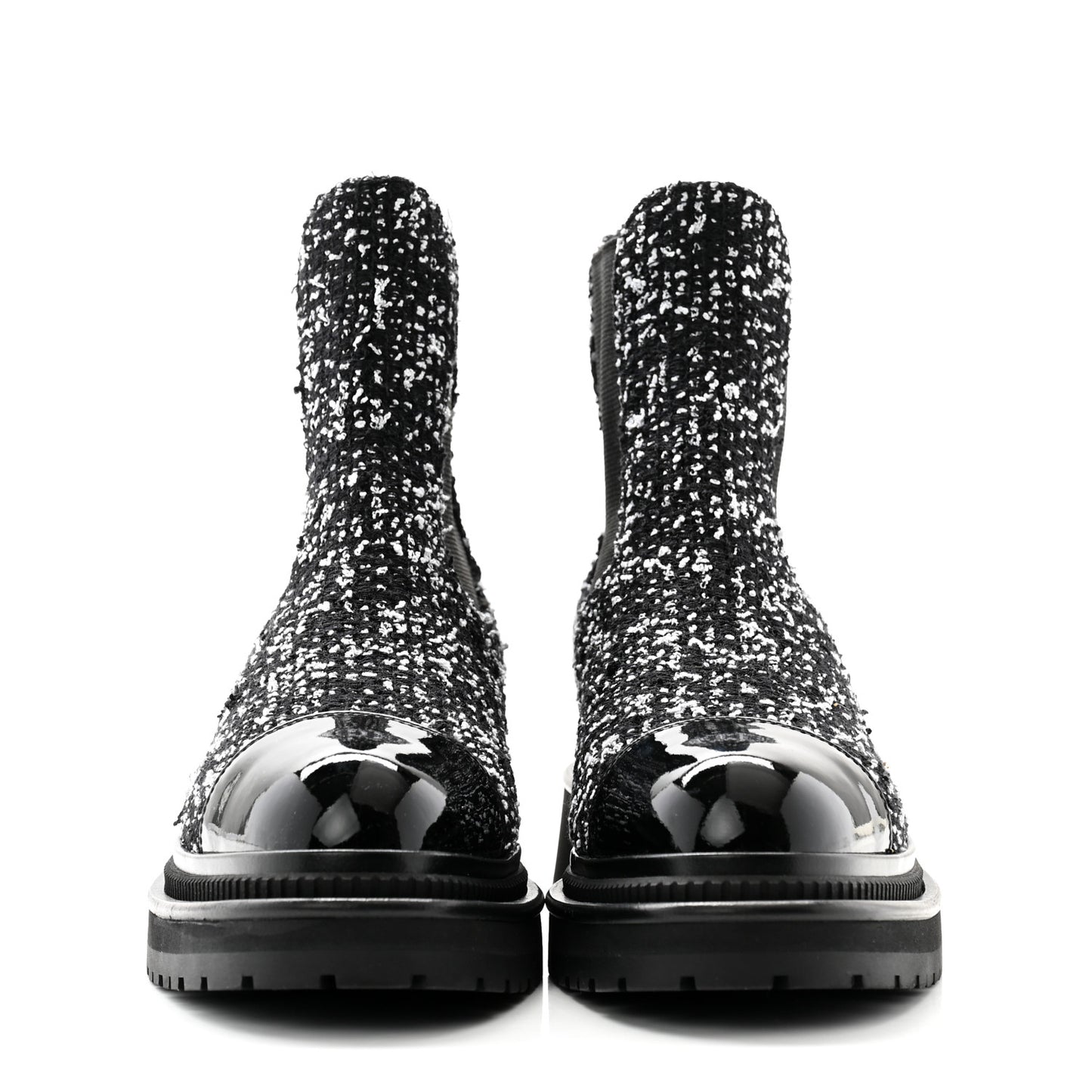 Tweed Patent Cap Toe Quilted Short Boots 39 Black White