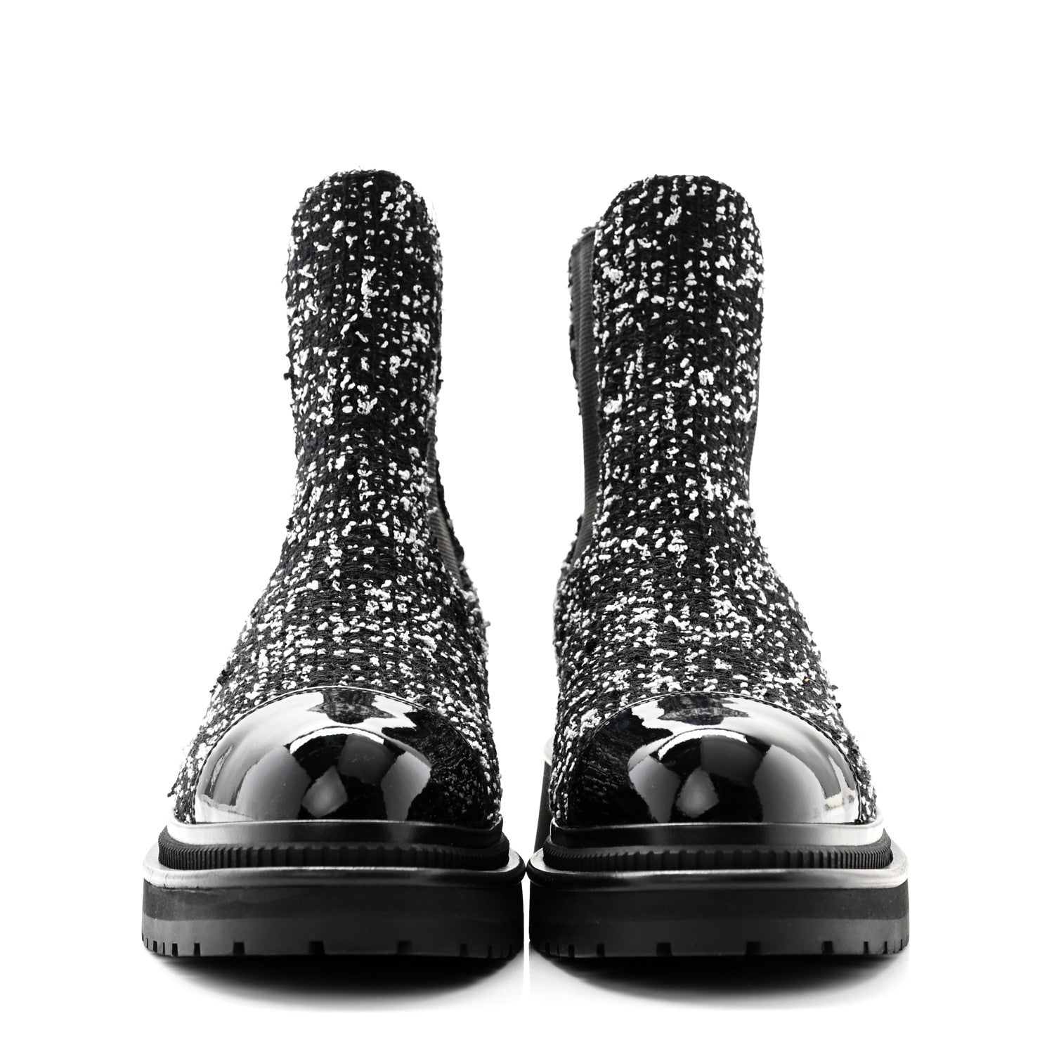 Chanel Tweed Patent Cap Toe Quilted Short Boots 39 Black White 2 of 9