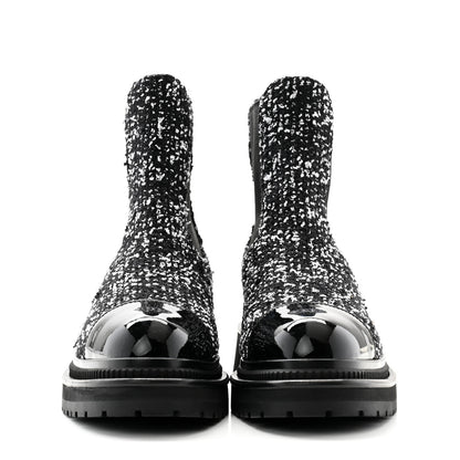 Chanel Tweed Patent Cap Toe Quilted Short Boots 39 Black White 2 of 9