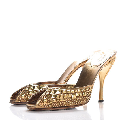 Gucci Calfskin Studded Peep Toe Mules 6.5 Gold 3 of 17