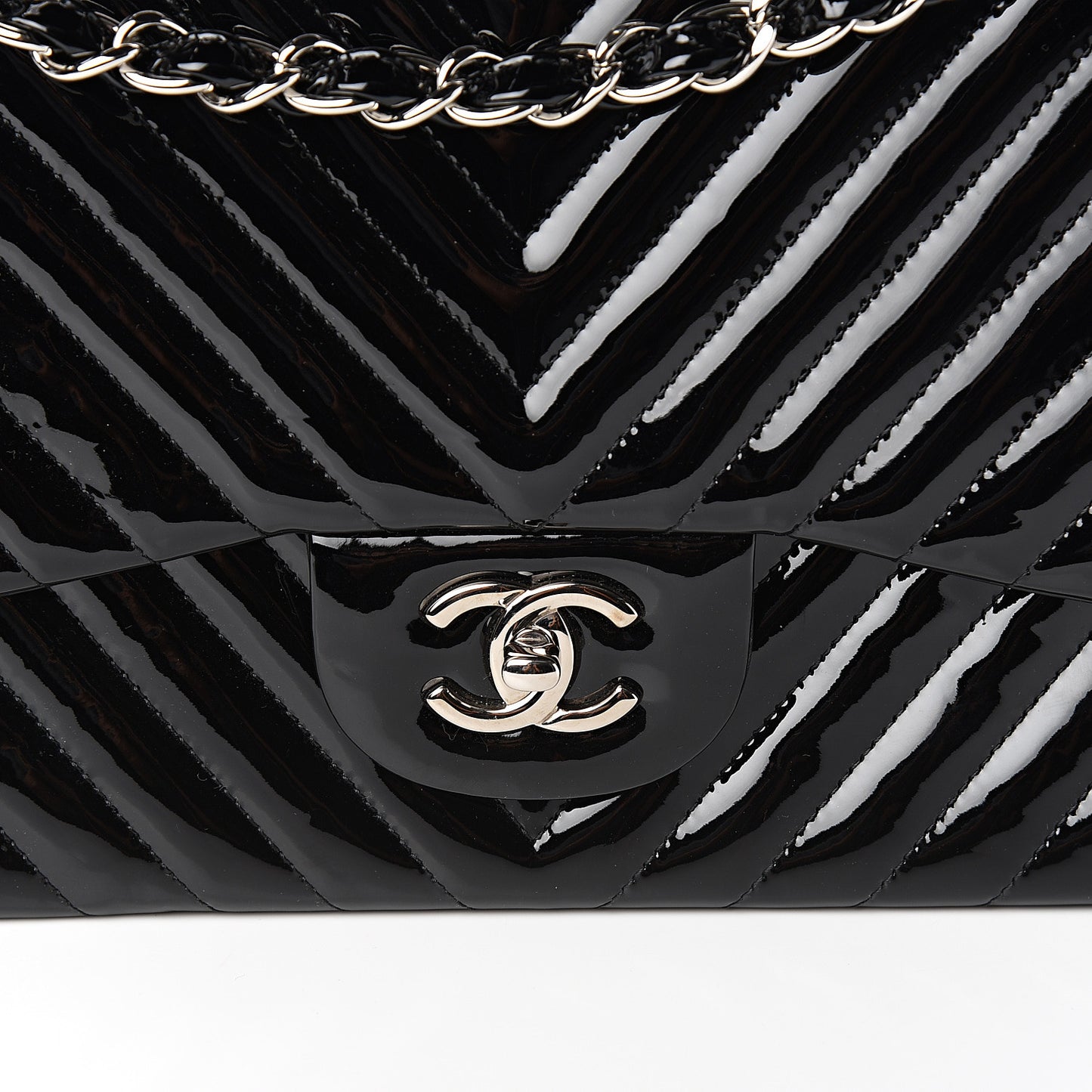 Patent Chevron Quilted Jumbo Double Flap Black