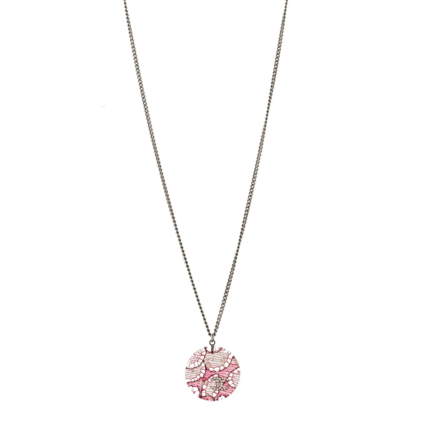 Resin Crystal Pearl Lace CC Necklace Silver Pink