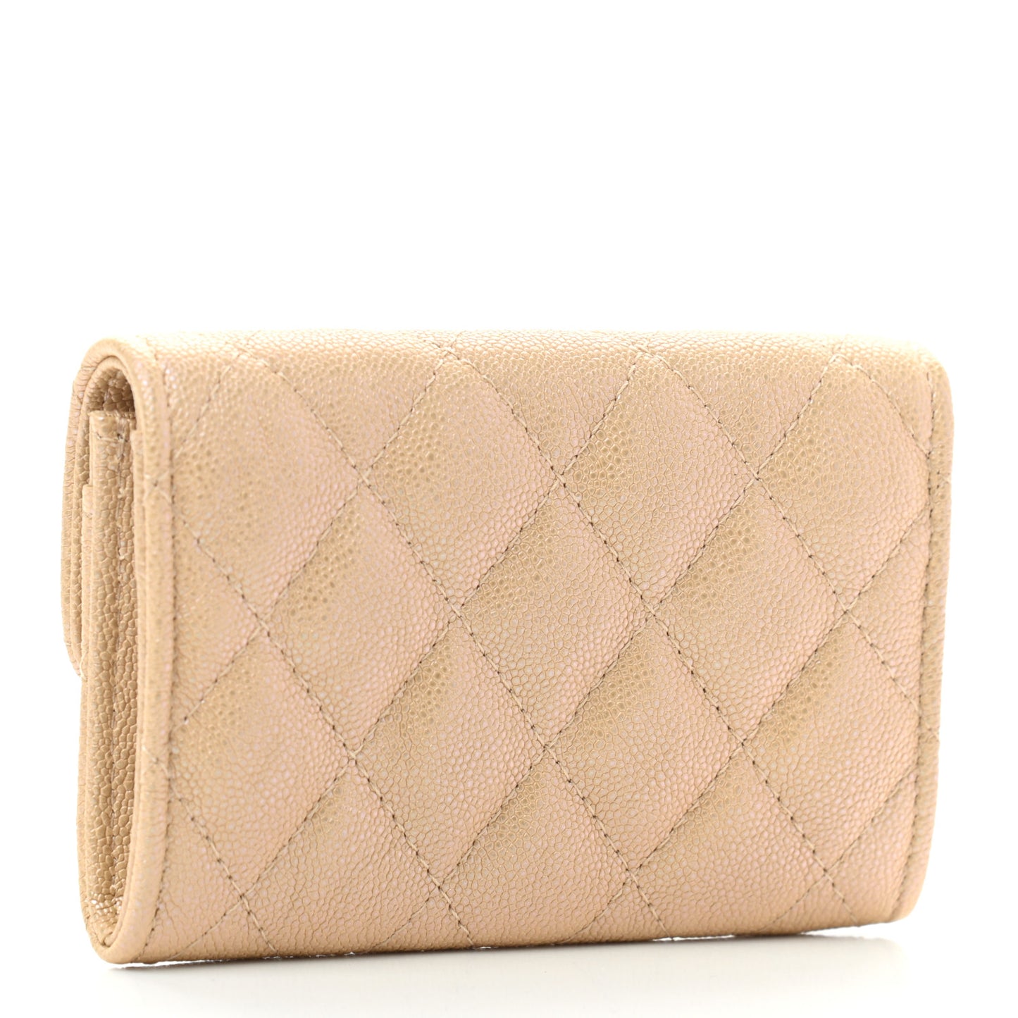 Iridescent Caviar Quilted Flap Card Holder Beige