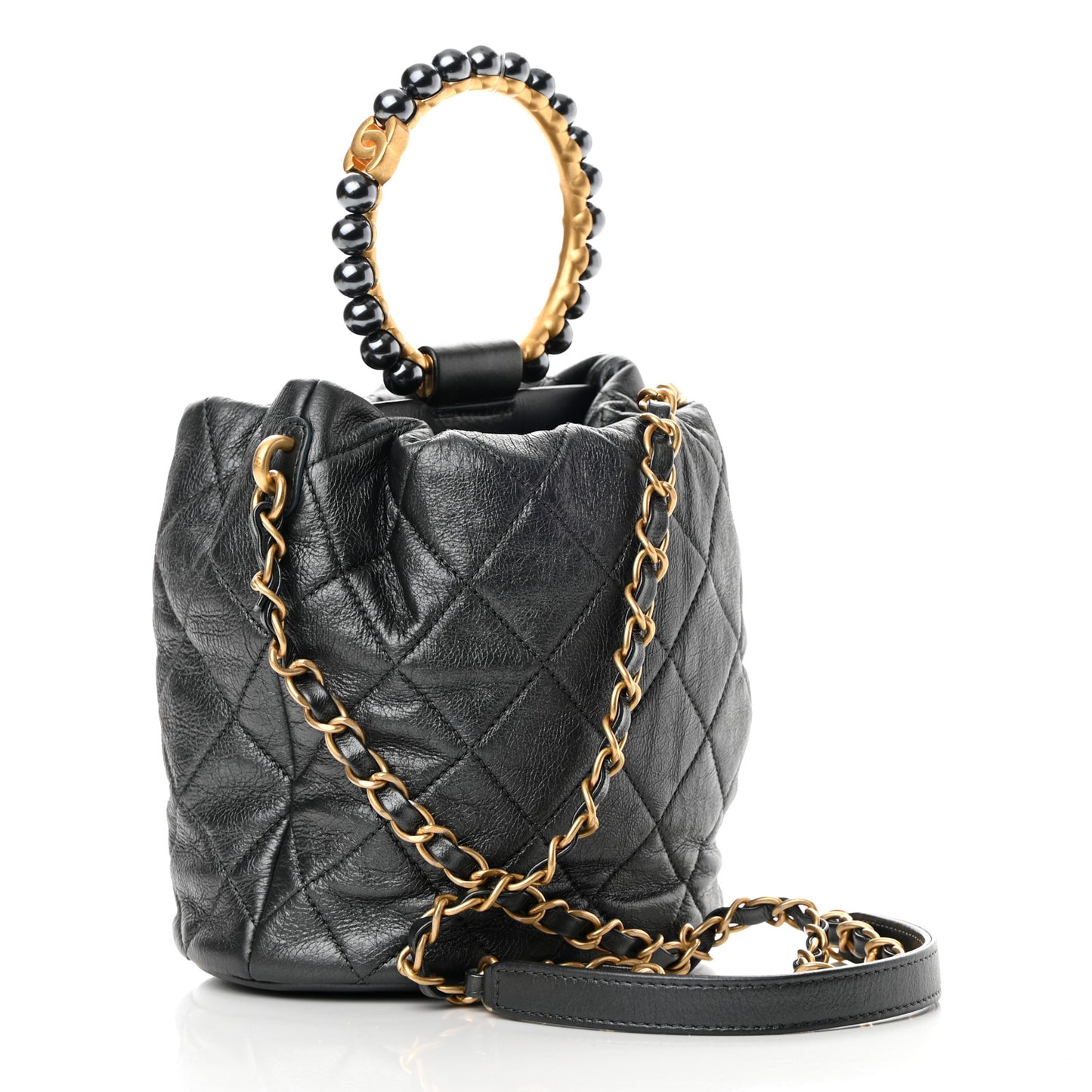 Metallic Lambskin Quilted Pearl Crown Drawstring Bag Anthracite