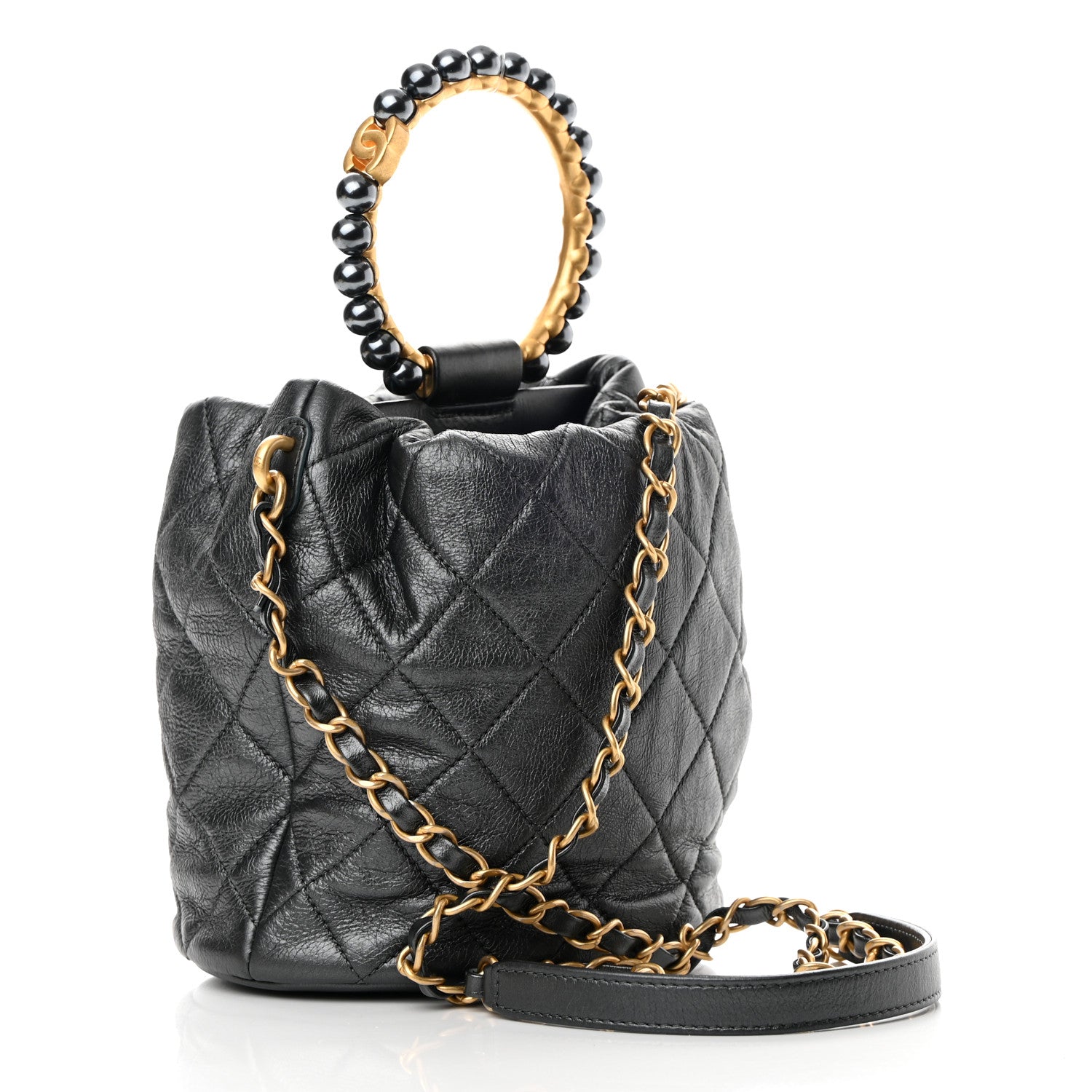Chanel Metallic Lambskin Quilted Pearl Crown Drawstring Bag Anthracite 3 of 10