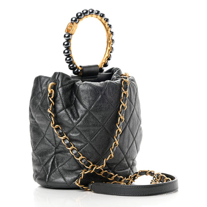 Chanel Metallic Lambskin Quilted Pearl Crown Drawstring Bag Anthracite 3 of 10
