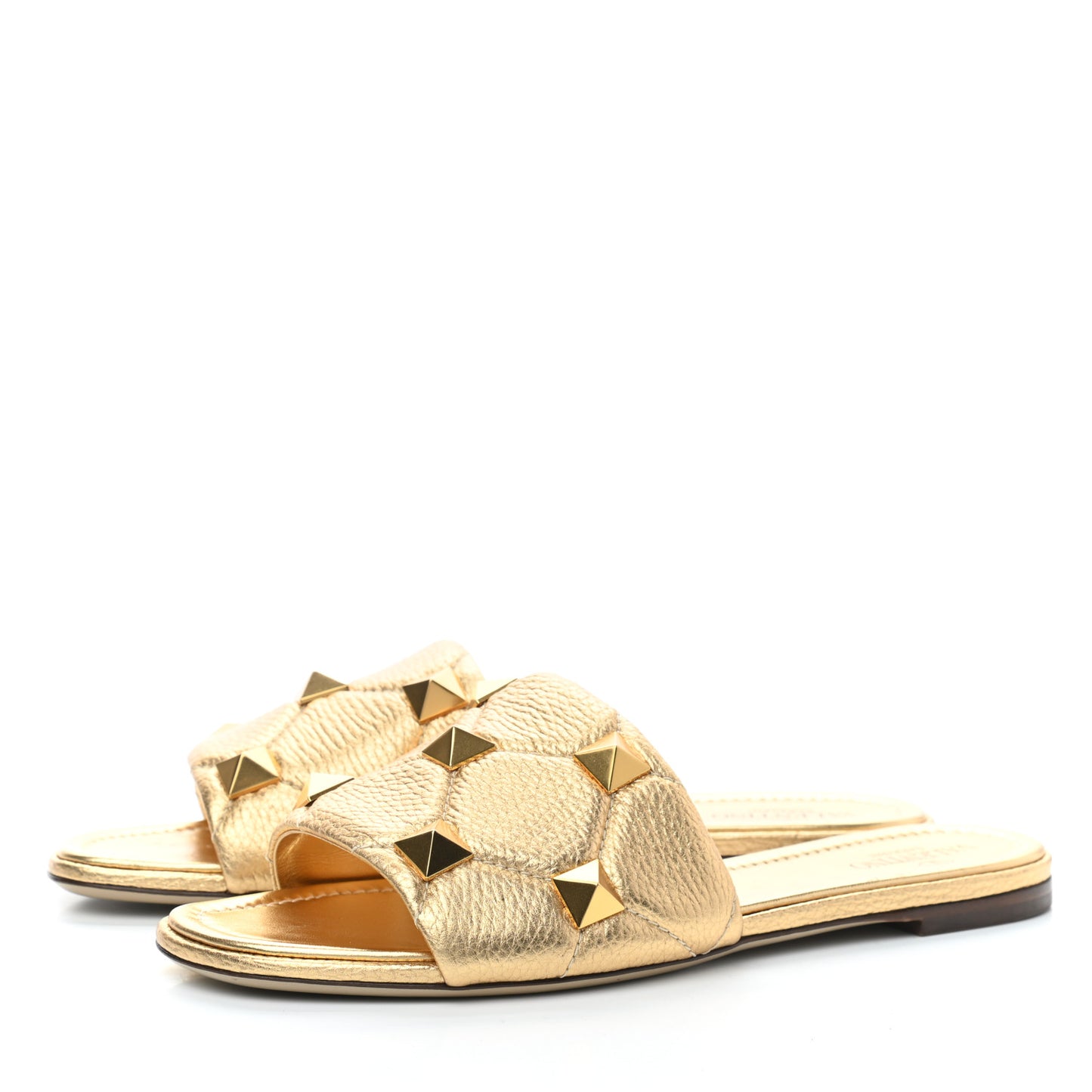 Metallic Pebbled Calfskin Roman Stud Flat Slide Sandals 40 Antique Brass