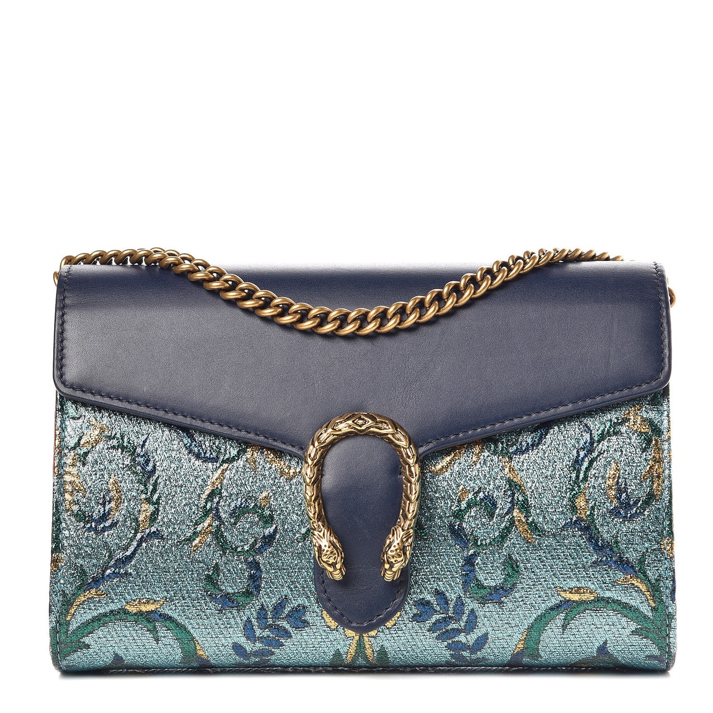 Metallic Brocade Calfskin Mini Dionysus Chain Wallet Black Blue Azure