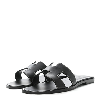 Hermes Box Calfskin Oran Sandals 37 Black 3 of 9