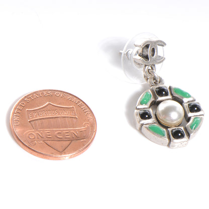 Chanel Silver Pearl Resin CC Dangle Earrings Green 2 of 5