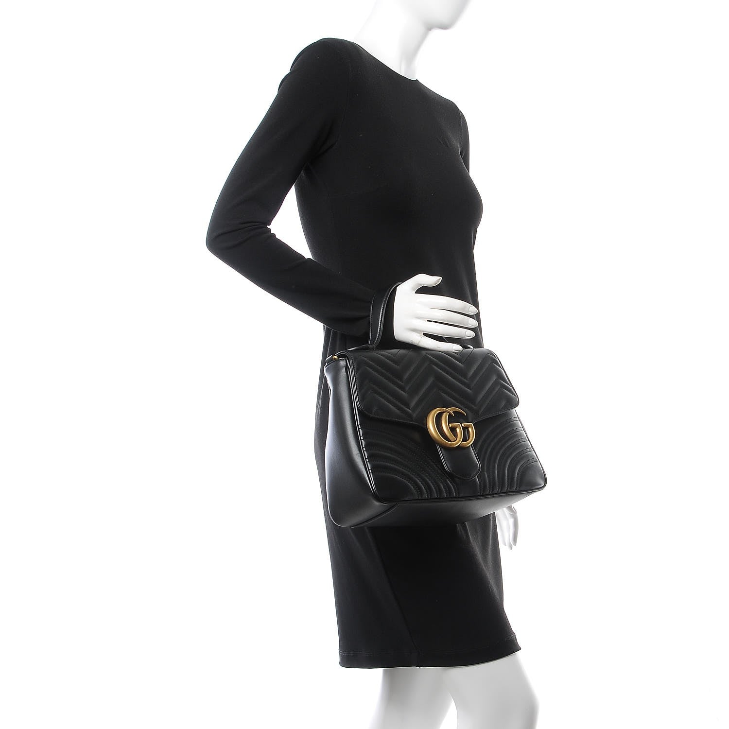 Gucci Calfskin Matelasse Medium GG Marmont Top Handle Shoulder Bag Black 3 of 9