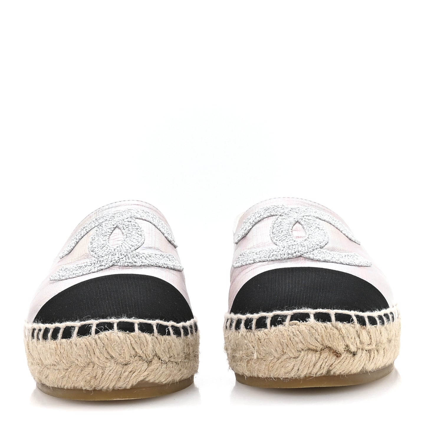 Laminated Lambskin Grosgrain Embroidered CC Espadrilles 36 Pink Silver Black