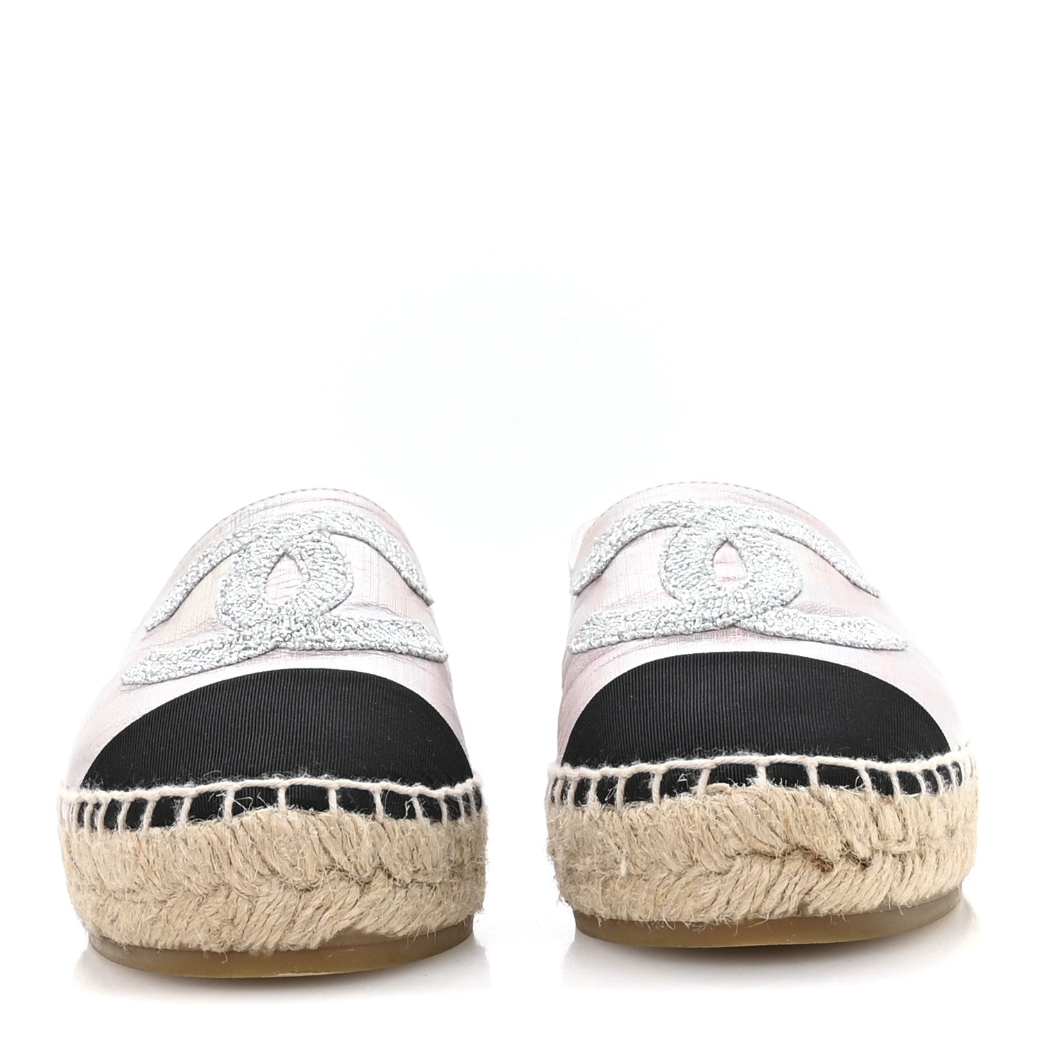 Chanel Laminated Lambskin Grosgrain Embroidered CC Espadrilles 36 Pink Silver Black 3 of 9