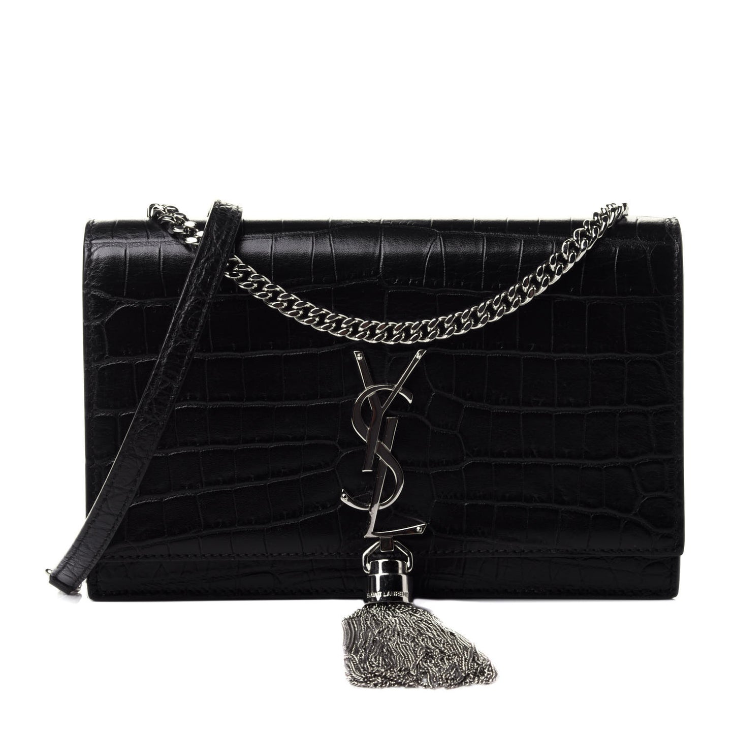 Calfskin Crocodile Embossed Kate Monogram Tassel Chain Wallet Black