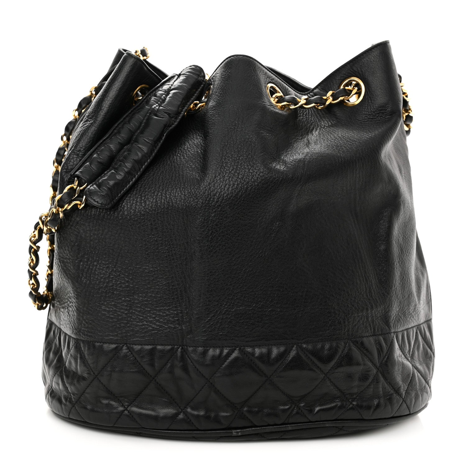 Chanel Grained Calfskin Lambskin Quilted Drawstring Bucket Bag Black 3 of 11