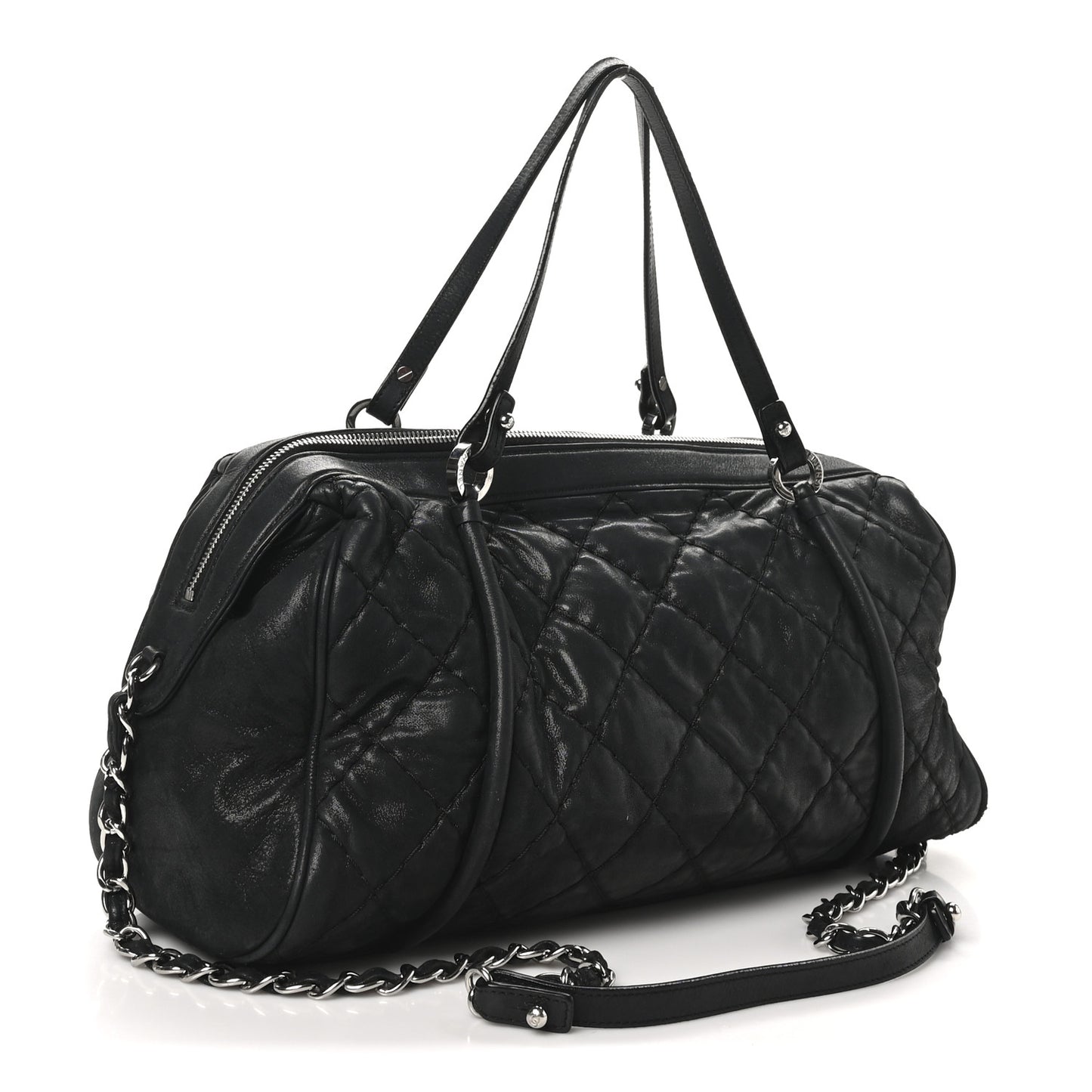 Iridescent Calfskin Quilted Relax CC Bowler Bag Black