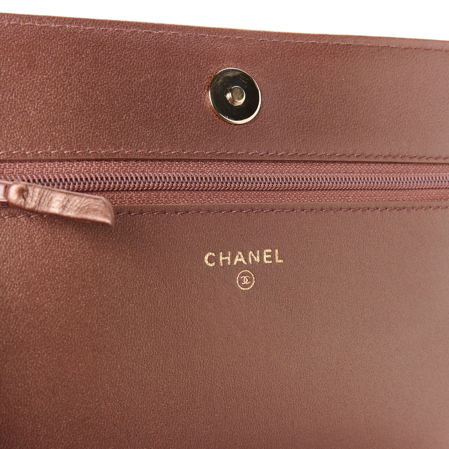 Metallic Lambskin Quilted Enamel CC Wallet On Chain WOC Bronze