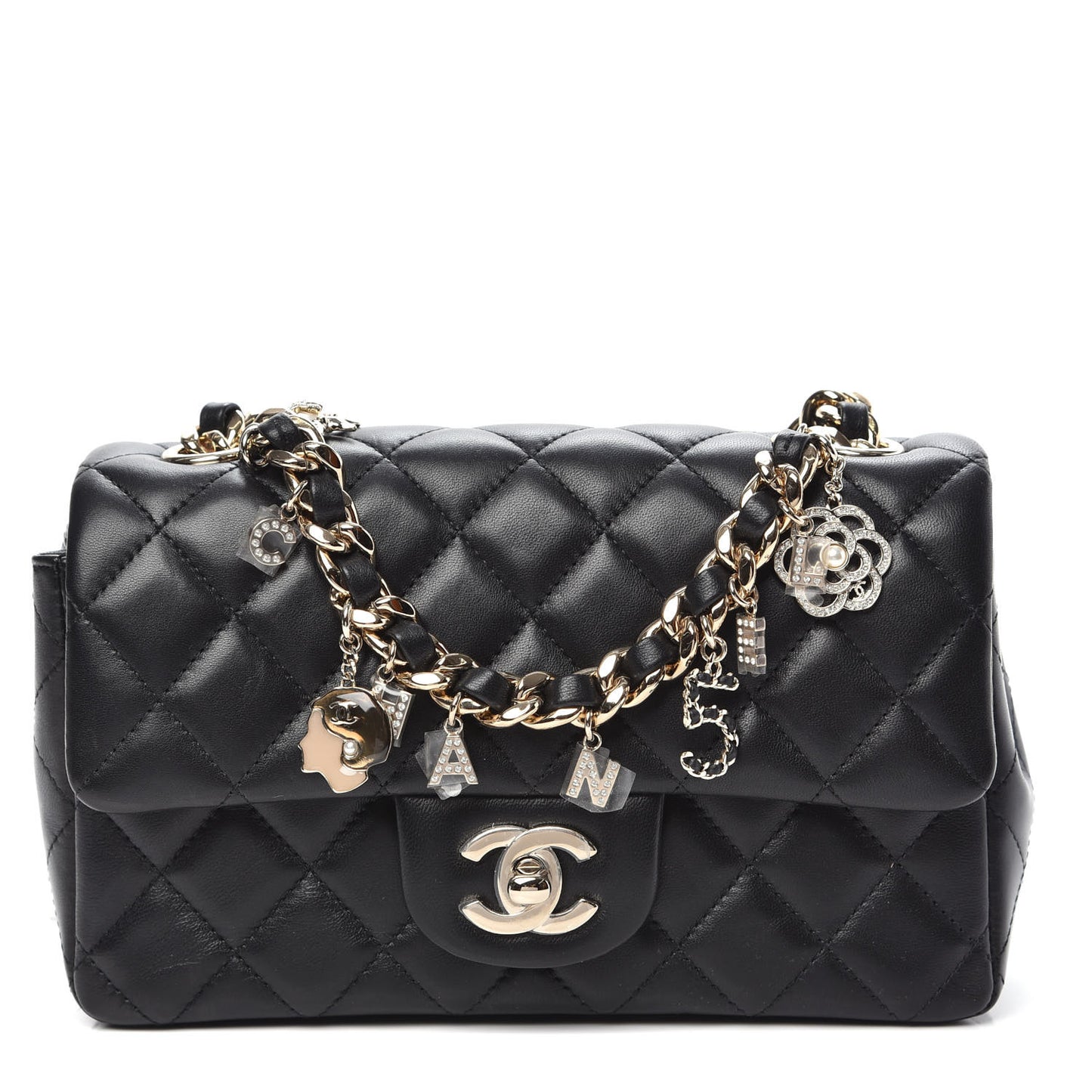 Lambskin Quilted Mini Coco Charms Rectangular Flap Black