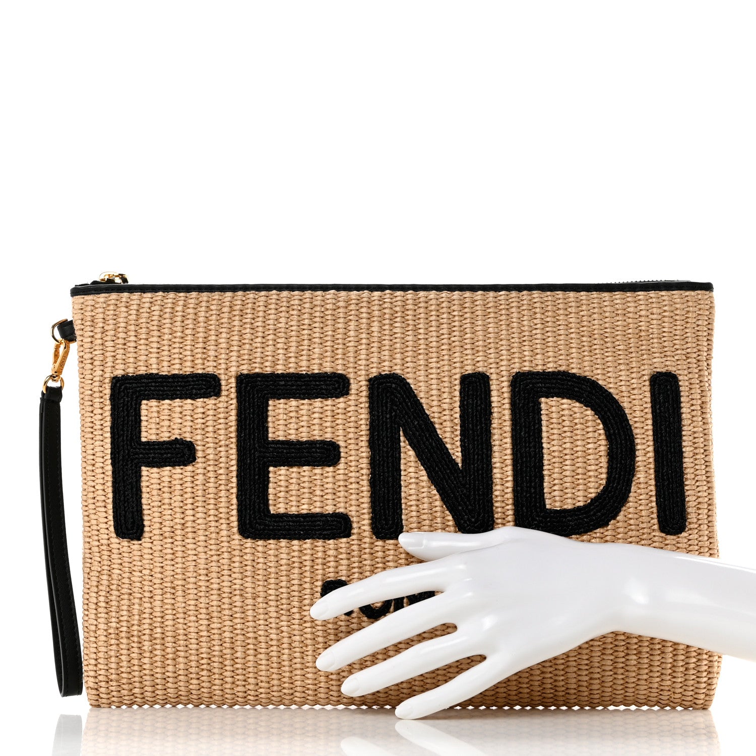Fendi Straw Vitello King Logo Woven Large Flat Pouch Paglia Black 2 of 6