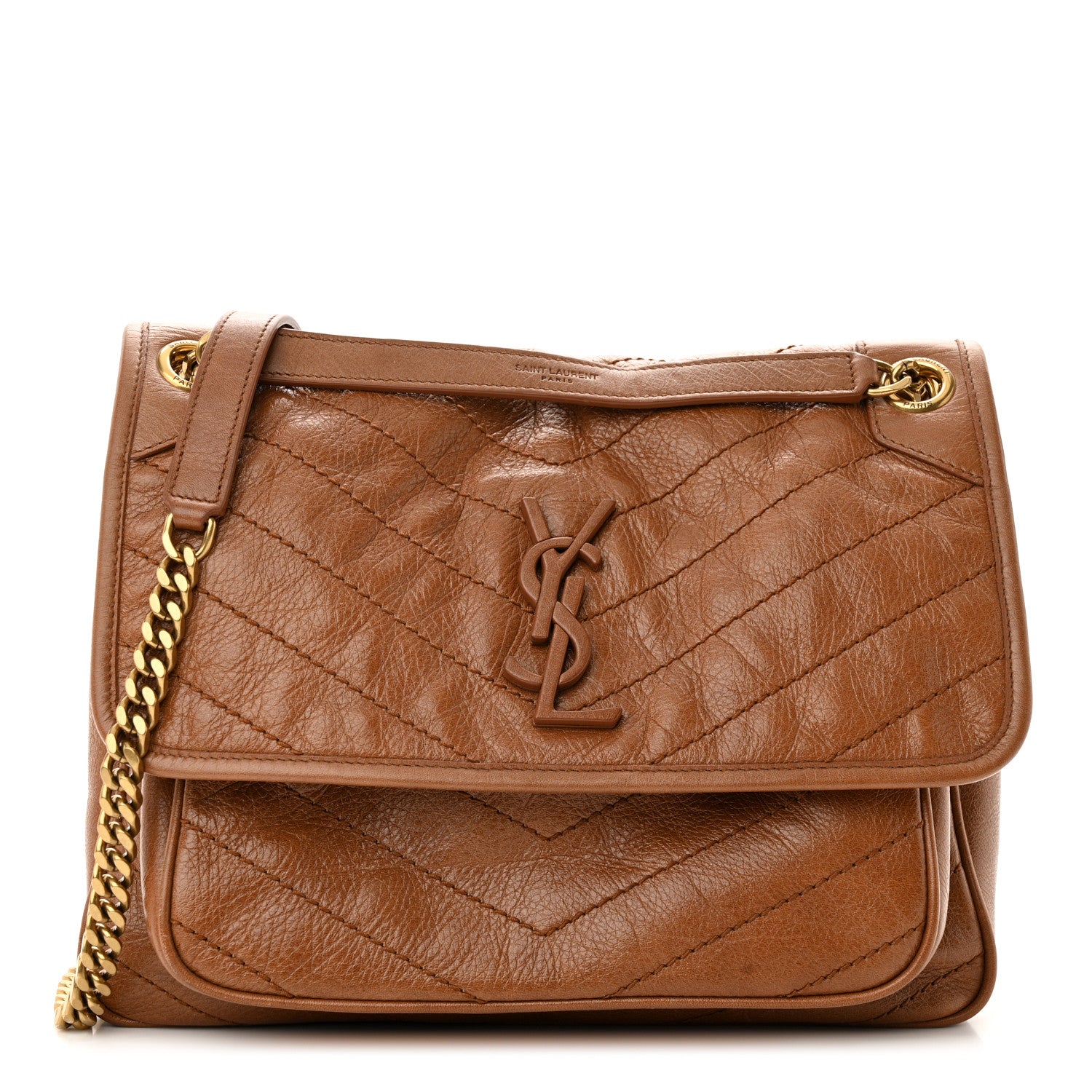 Saint Laurent Crinkled Calfskin Matelasse Monogram Medium Niki Chain Satchel Caramel 1 of 10