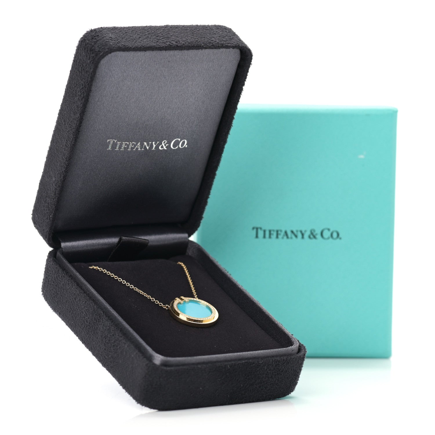 Tiffany 18K Yellow Gold Diamond Turquoise T Circle Pendant Necklace 7 of 7