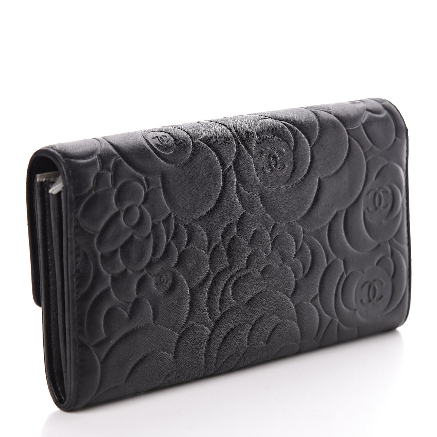 Lambskin Embossed Camellia Large Gusset Flap Wallet Black