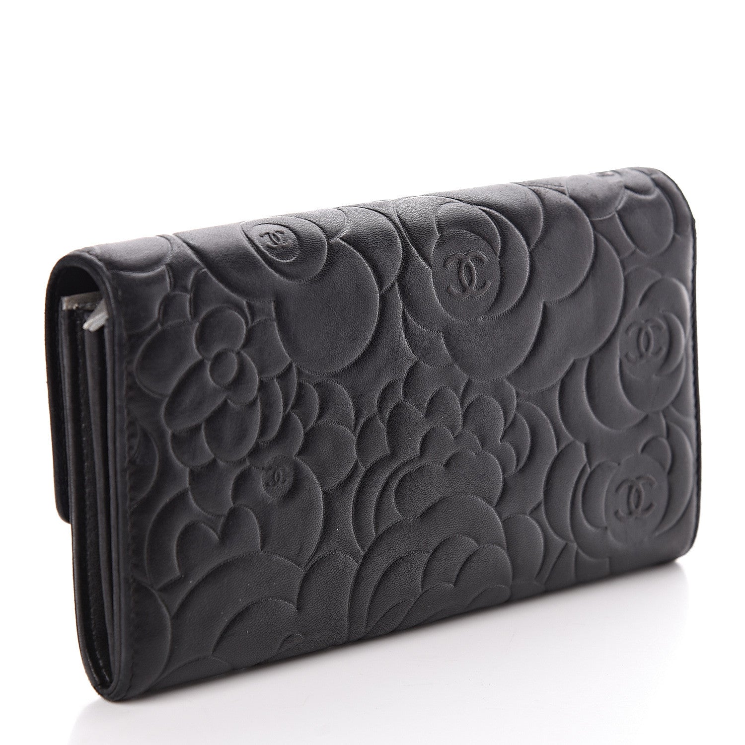Chanel Lambskin Embossed Camellia Large Gusset Flap Wallet Black 3 of 14