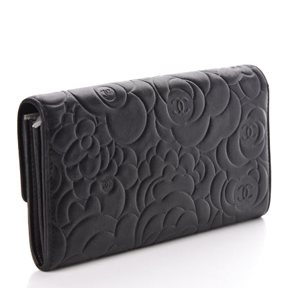 Chanel Lambskin Embossed Camellia Large Gusset Flap Wallet Black 3 of 14