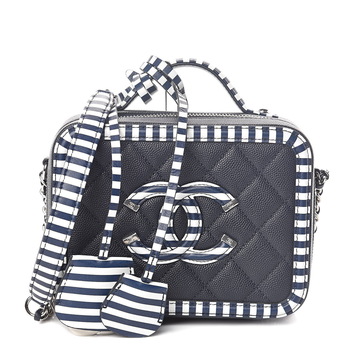 Chanel Caviar Quilted Striped Small CC Filigree Vanity Case Navy White 1 of 9