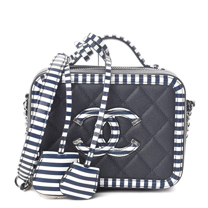 Chanel Caviar Quilted Striped Small CC Filigree Vanity Case Navy White 1 of 9