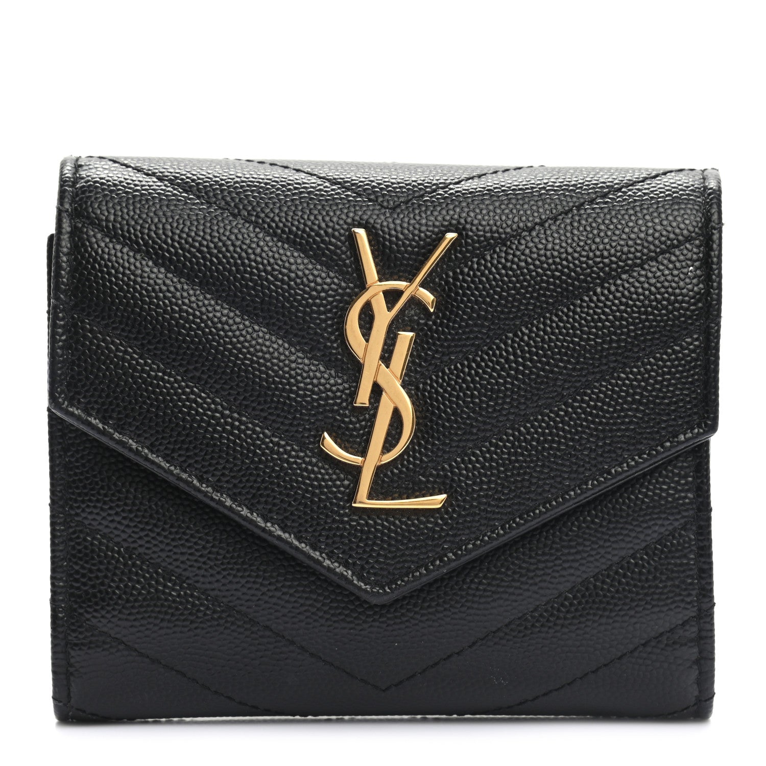 Saint Laurent Grain De Poudre Matelasse Chevron Monogram Compact Tri Fold Wallet Black 1 of 6