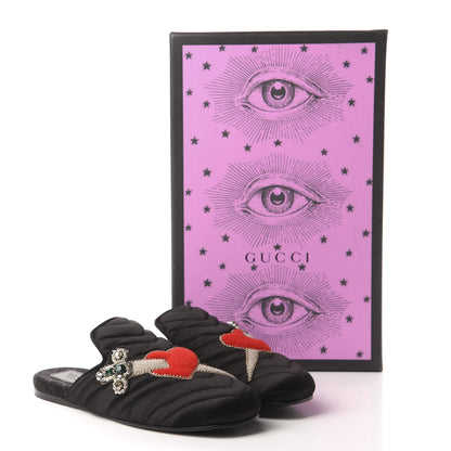 Gucci Satin Embroidered Heart and Dagger Slippers 36 Black 10 of 10