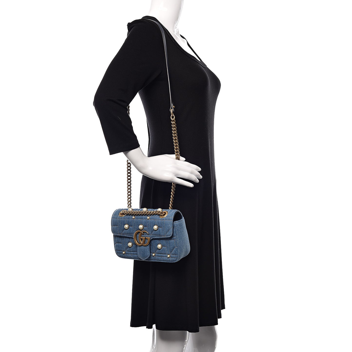 Denim Matelasse Pearl Studded Mini GG Marmont Shoulder Bag Blue