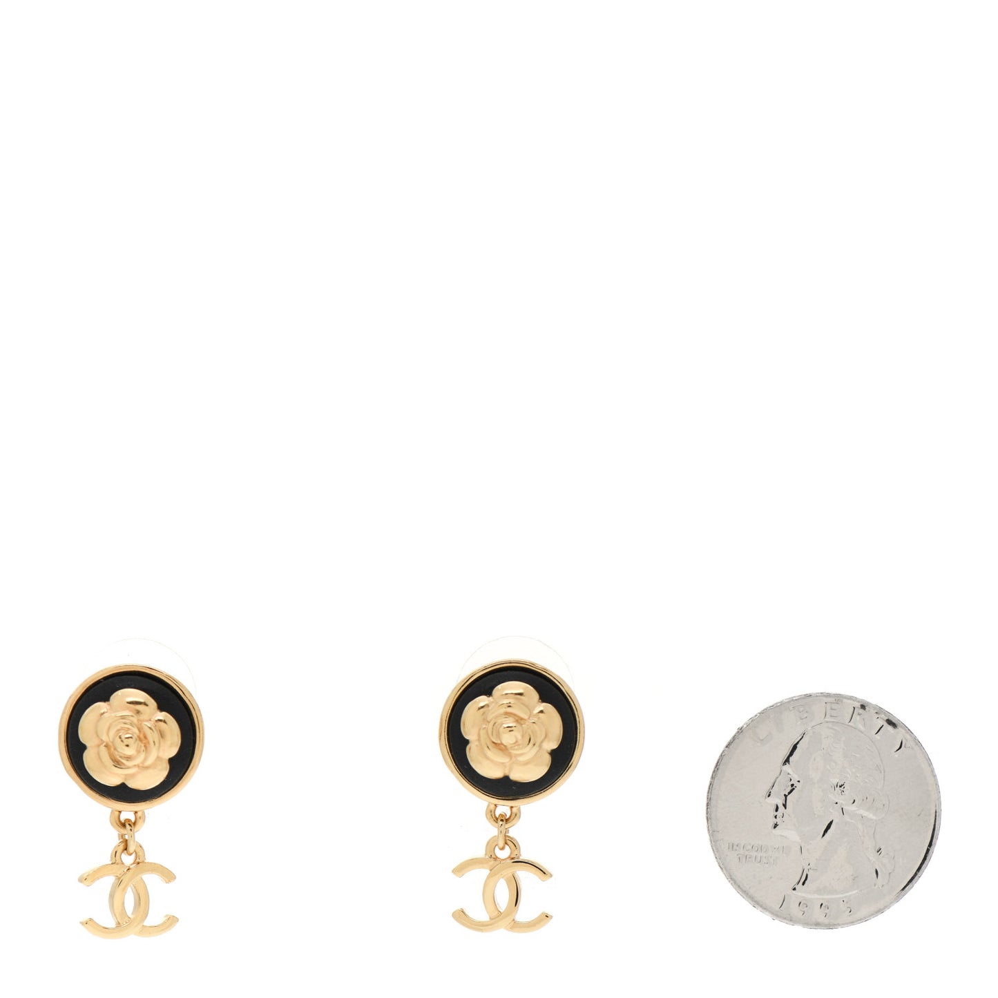 Metal Lambskin Camellia CC Drop Earrings Gold Black